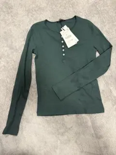 ZARA ダークグリーン ヘンリーネック Tシャツ M