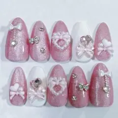 【♡No.19♡】ネイルチップ ピンク マグネット リボン ハート 量産型