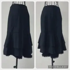 エムズグレイシー フレア スカート 膝丈 カシミヤ混 ブラック 38 フリル