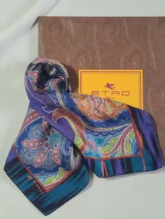 週末値下げ ETRO ポケットチーフ ミニスカーフ ペイズリー 絹 ブルー系
