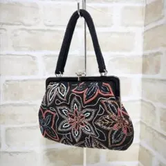 ★大正ロマン-昭和レトロ 和装「黒地乃華」ガマ口ビーズバッグ 極美品 希少レア