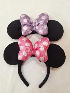 ディズニー ミニーちゃん カチューシャ スパンコール リボン ピンク 紫