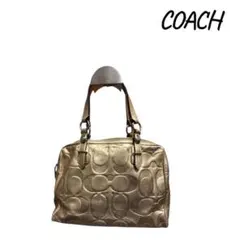 COACHコーチ ミニボストンバッグシグネチャー型押しレザー ゴールド 2WAY