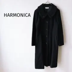 【ハーモニカ】ロングコート M ウール100% 黒 薔薇ボタン レース襟 日本製