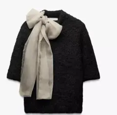 ZARA オーガンザニットリボントップス ブラック M