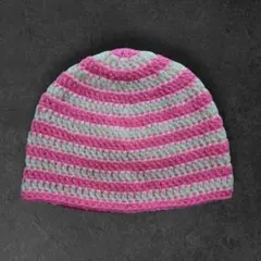 215-3クラッシャーハット　古着　クロシェハット　ビーニーボーダー ピンク白