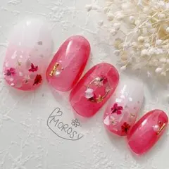 MOROSY139☆押し花 春 グラデ シェル ブライダル ネイルチップ  赤