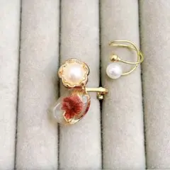 ハンドメイド　レジン　イヤーカフ イヤーフック　アクセサリー　かすみ草　パール