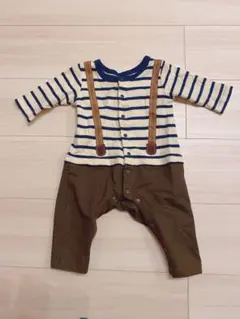 【美品】おしゃれなボーダーロンパース サスペンダー付き風70㎝