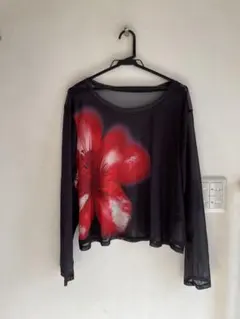 シースルー長袖トップス 花柄 黒