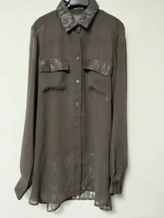 ブラウン　長袖シアーブラウス