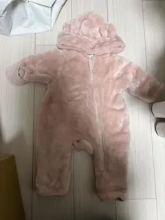 クマ耳フード付きもこもこロンパース ピンク