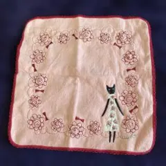 猫と花の刺繍タオルハンカチ
