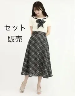 フィント　シアー　チェック　フレアー　スカート　リボン　トップス　セット