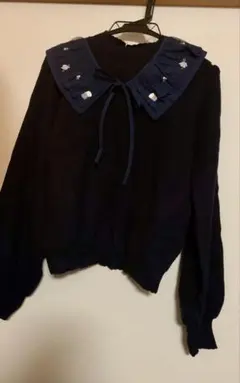 axes femme新品★装飾付け襟セットニットプルオーバー・紺・F