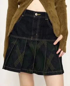 SLY J／W PRINT CHECK デニムプリーツミニスカート