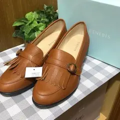 23.5cm BENEBIS ブラウン フリンジ ローヒールパンプス
