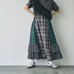 coenチェックパッチワークティアードスカート