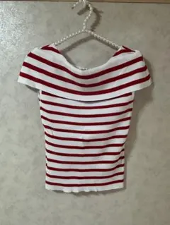clear オフショルダー 赤白 ストライプ ボーダー ニット夏服