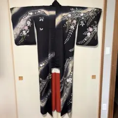正絹 訪問着 辻が花　黒地 花柄 金彩のサムネイル