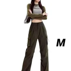 カーゴパンツ 　レディース　ワーク 　韓国 　ワイド　カーキ　M