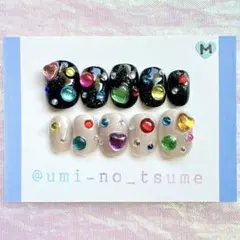 現品(Mサイズ) ネイルチップ　ビジュー　個性派　韓国　カラフル　推し活　ポップ