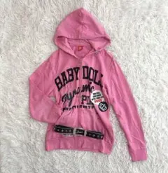 00s Y2K BABY DOLL ワッペンロゴ　ジップアップパーカー　ピンク