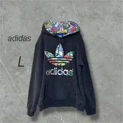 レア アディダス adidas スウェットパーカーカラフルロゴ 褪せ黒