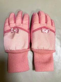 arisana 子供用手袋 ピンク チェック柄 リボン付き