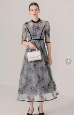 配色パイピングプチハイネック花柄刺繍ラメレースロング丈ドレスワンピース