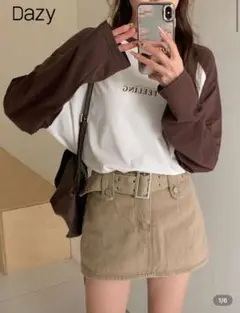 Dazy ラグランスリーブ Tシャツ ホワイト/ブラウン
