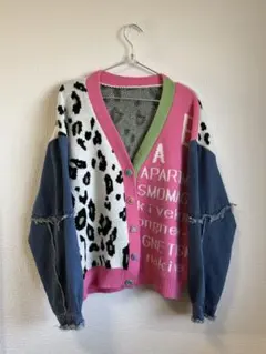 【美品】カーディガン　ニット　リメイク　デニム　レオパード柄　ピンク　白　個性派