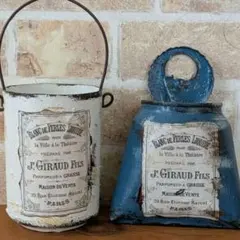 リメ缶ボトル&バック　2個セット　レトロラベル　ジーンズブルー&ピュアホワイト