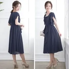 美品 結婚式 ワンピースドレス ネイビー フレア袖 ウエストリボン 9AR