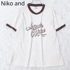 ニコアンド　リンガーTシャツ　半袖　ロゴプリント　綿100% 　ベージュ　 M