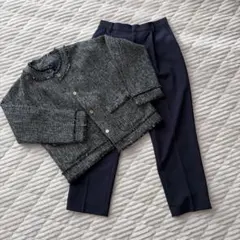 セレモニー 上下セット✨卒業式　卒園　入学　ママスーツ★ツイード　ラメ✨L　紺