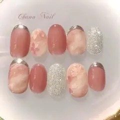 うる艶 桜ネイル 大人可愛い シルバーフレンチネイル サイズオーダーネイルチップ