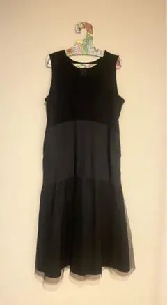 異素材ブラック無地 ロングワンピース