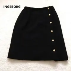 INGEBORG タイトスカート ニット ブラック パール調ボタン ひざ丈
