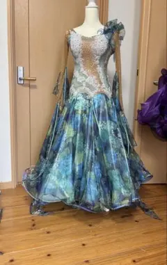 社交ダンス用青緑色花柄ドレス