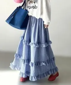 青と白のギンガムチェック フリルロングスカート M-L