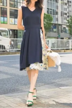 【美品】Andemiu ハナガラ レイヤード ワンピース ネイビー Free