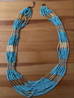 ターコイズブルー 多連ビーズネックレス エスニック ボヘミアン ボリューム感