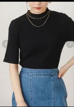 黒 半袖リブニット ハイネック