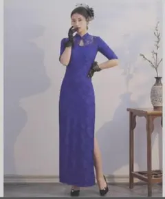 大きいサイズ (4XL) 七分袖 レースのチャイナドレス ストレッチ素材