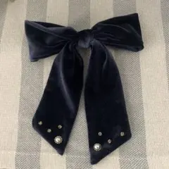 ヘアアクセサリー　バレッタ　ベロアリボン　ブルーグレーベルベット　大きめリボン
