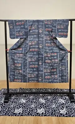 ●小紋・単● 紺 ネイビー 赤 花柄