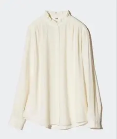 【美品】UNIQLO フリルネック 長袖 薄手 レーヨンブラウス オフホワイトMのサムネイル