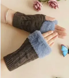 ファー　手袋 ニット スマホ対応 アームウォーマー アームカバー　チャコール