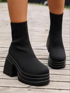 ブラック ショート ニット ソックス ブーツ 厚底